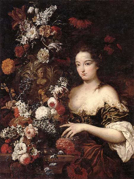 Gaspar Peeter Verbrugghen the younger A still life of various flowers with a young lady beside an urn oil painting image